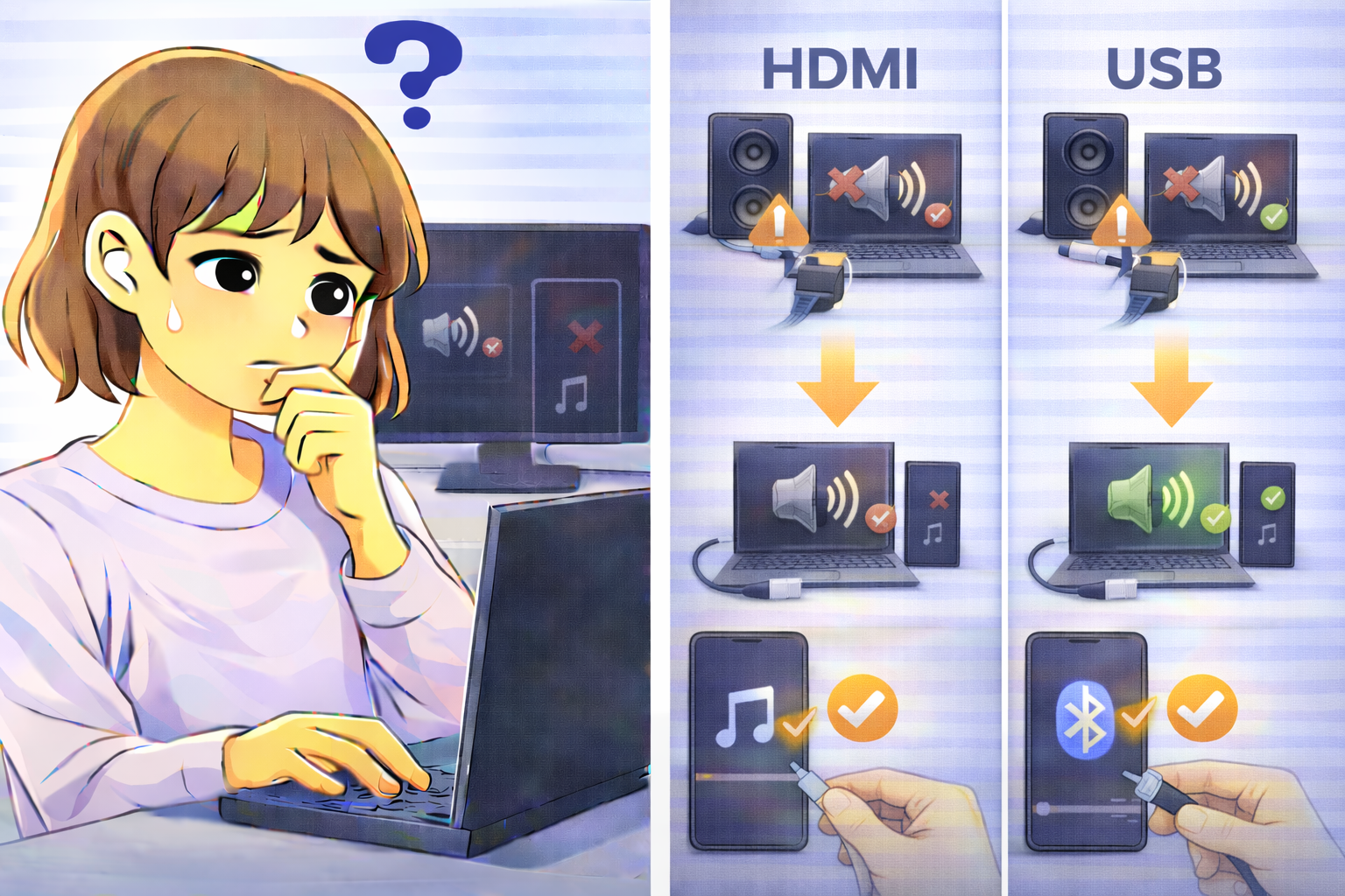 PCやスマホを外部スピーカーに接続しているのに音が出ない状態を表したイラスト