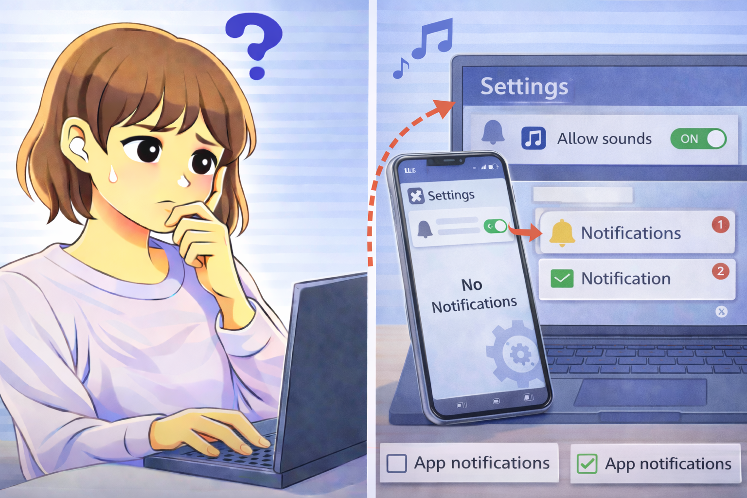 通知音は鳴っているのに画面に通知が表示されないスマホとPCの状態を確認して悩んでいる女性のイラスト