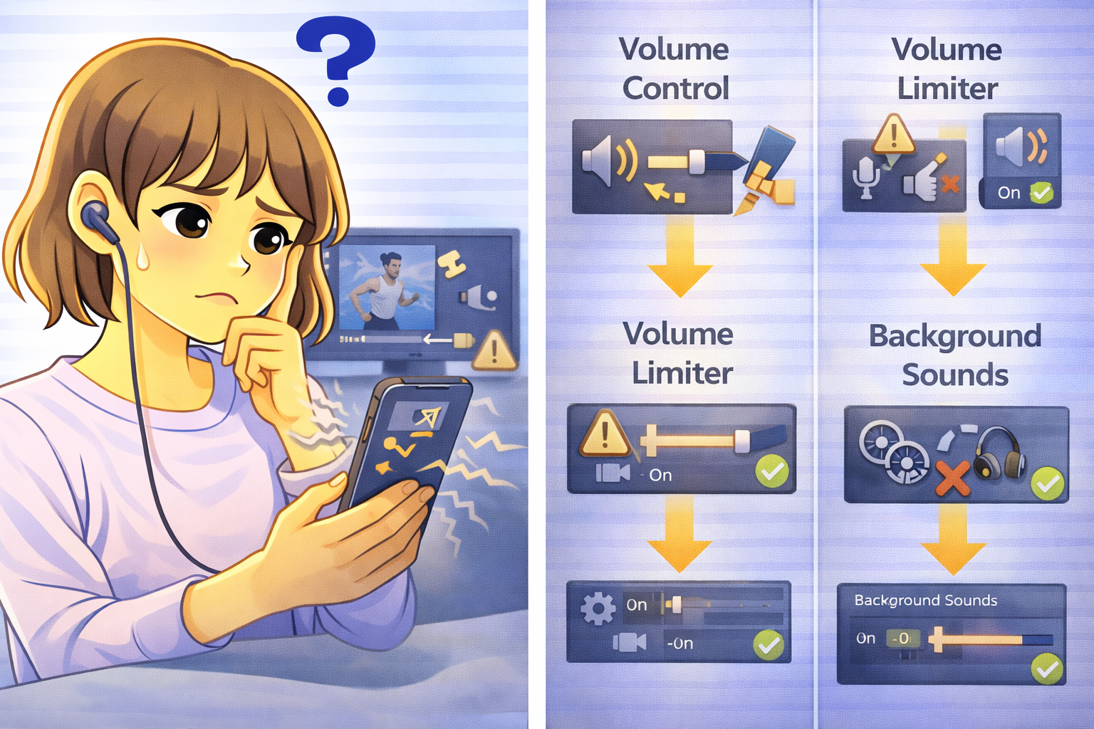 PCやスマホで音量が自動的に下がり、音が小さくなっている状態を表したイラスト