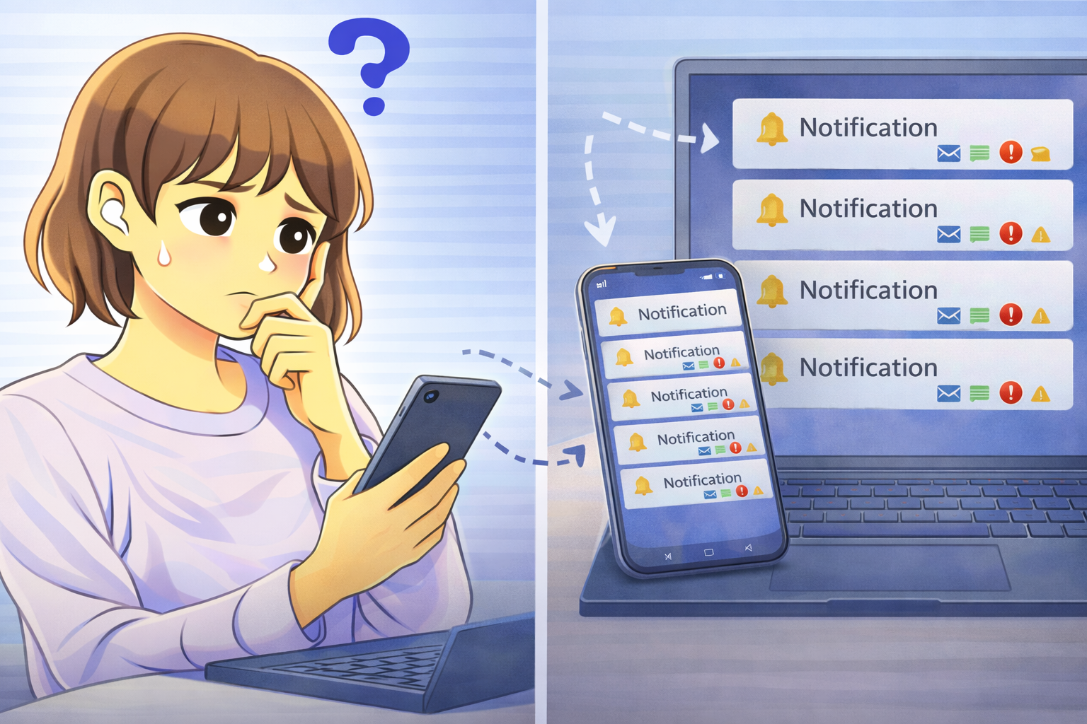 PCとスマホで通知がまとめて表示される状況に困っている女性のイラスト