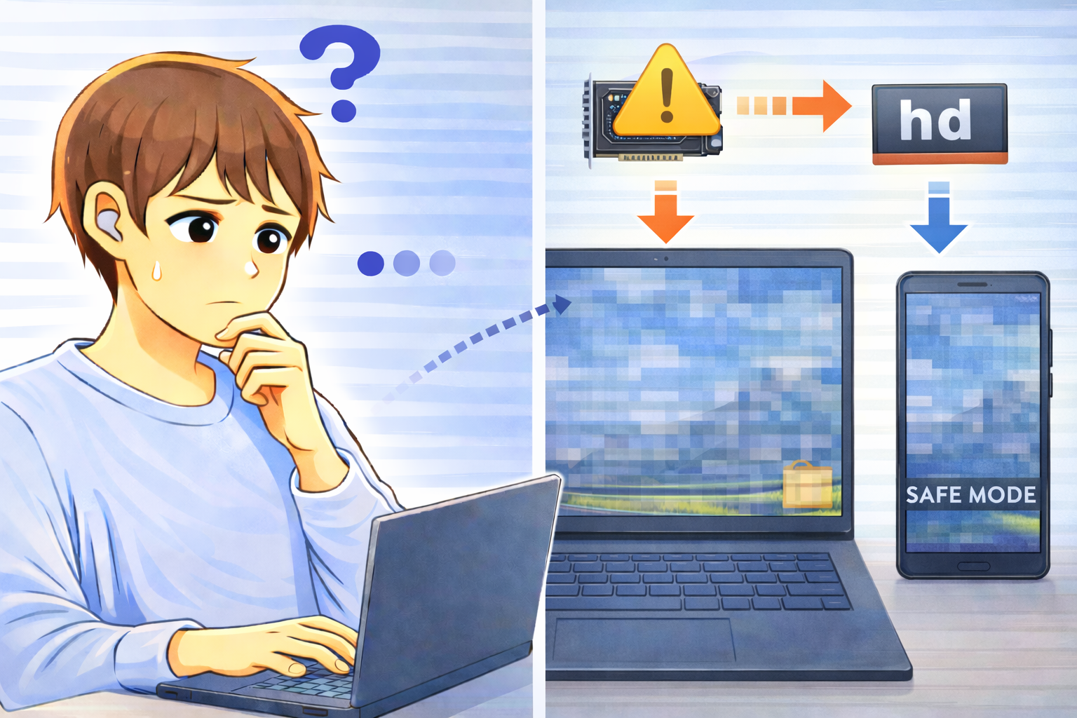 PCやスマホの解像度が低くなり画面が粗く表示され、表示ドライバや起動状態を考えて悩む男性のイラスト