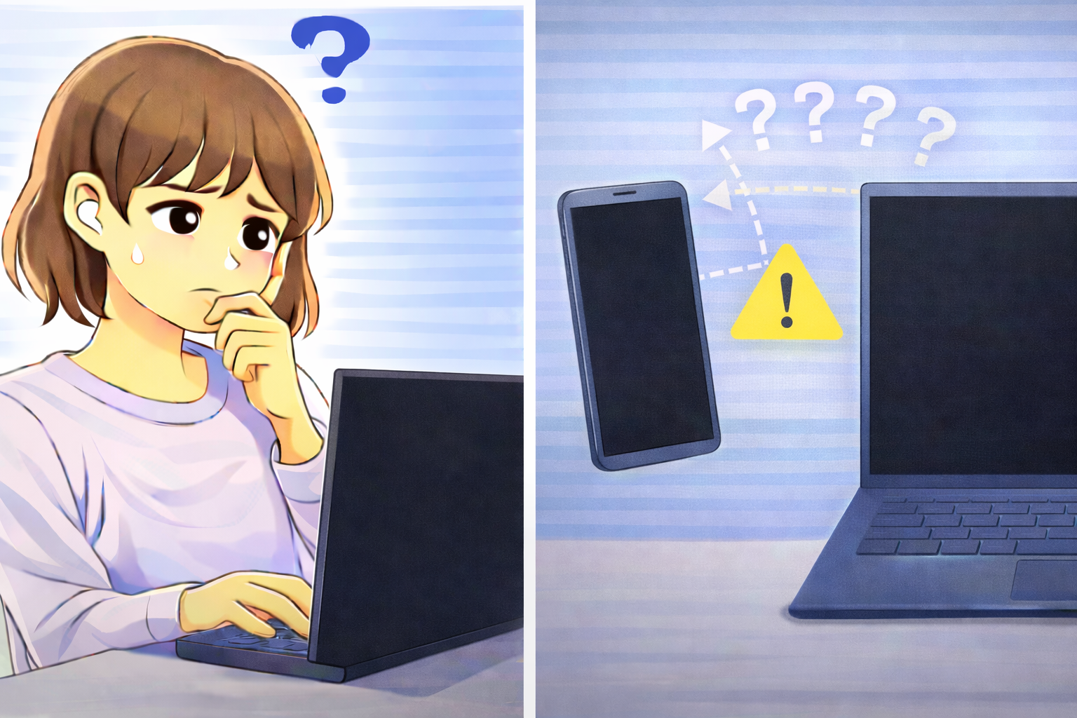 パソコンとスマートフォンの画面がどちらも表示されず、真っ暗な状態の端末を前に困っている女性のイラスト
