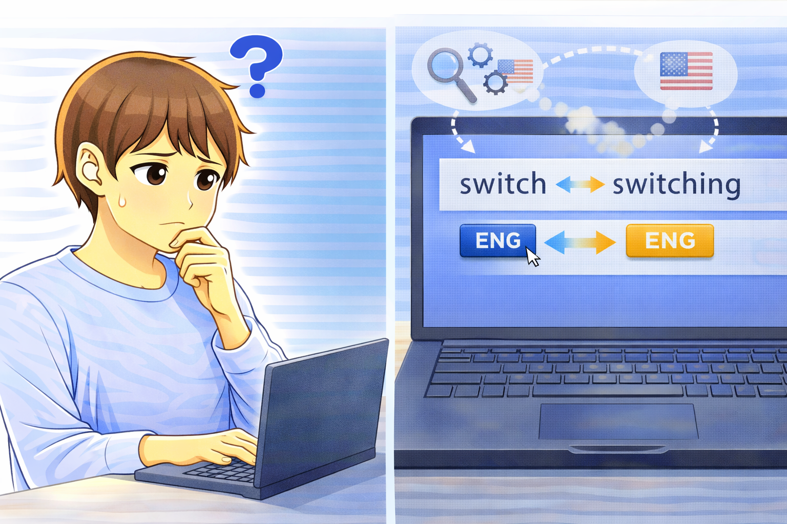 文字入力中にキーボードの入力言語が意図せず切り替わり、入力内容が思った通りにならず困っている様子を表したイラスト