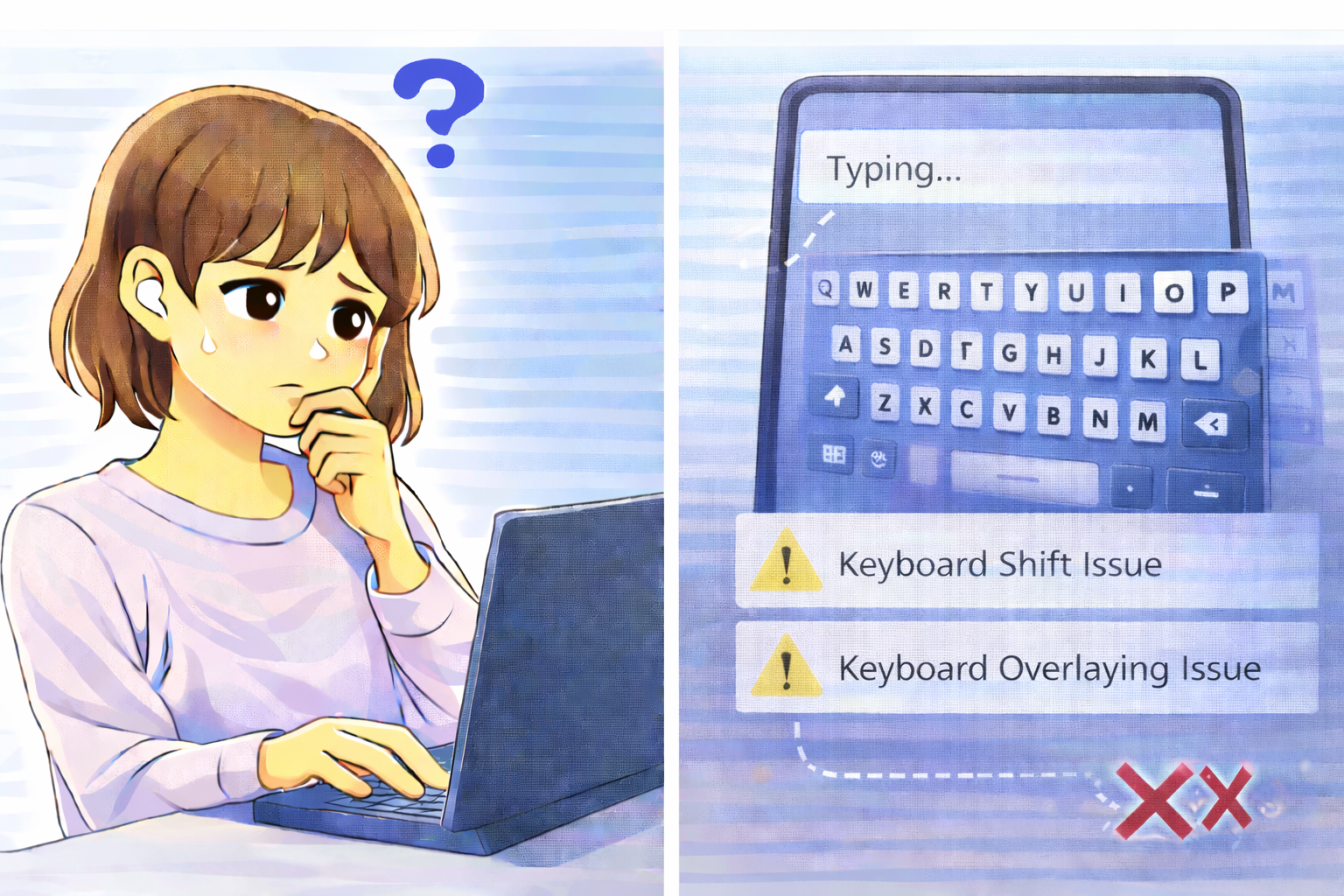 文字入力中にキーボードの表示位置がずれ、画面下から浮いたり入力欄に重なったりするPCの状態に困っている様子を示すイラスト