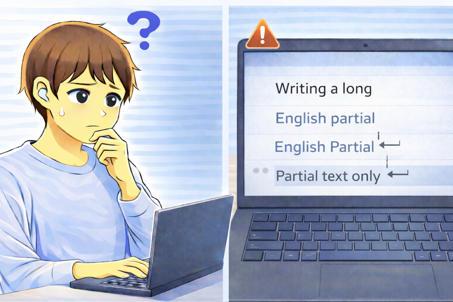 長文を入力している途中で文字変換がうまく動かなくなり、ノートPCの前で困っている男性と、入力が途中で止まっている状態を示したPC画面