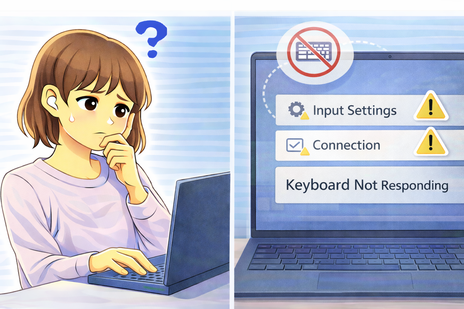 キーボードを操作しても入力できず、入力設定や接続状態に問題がある可能性を示すPC画面を見て困っている女性のイラスト