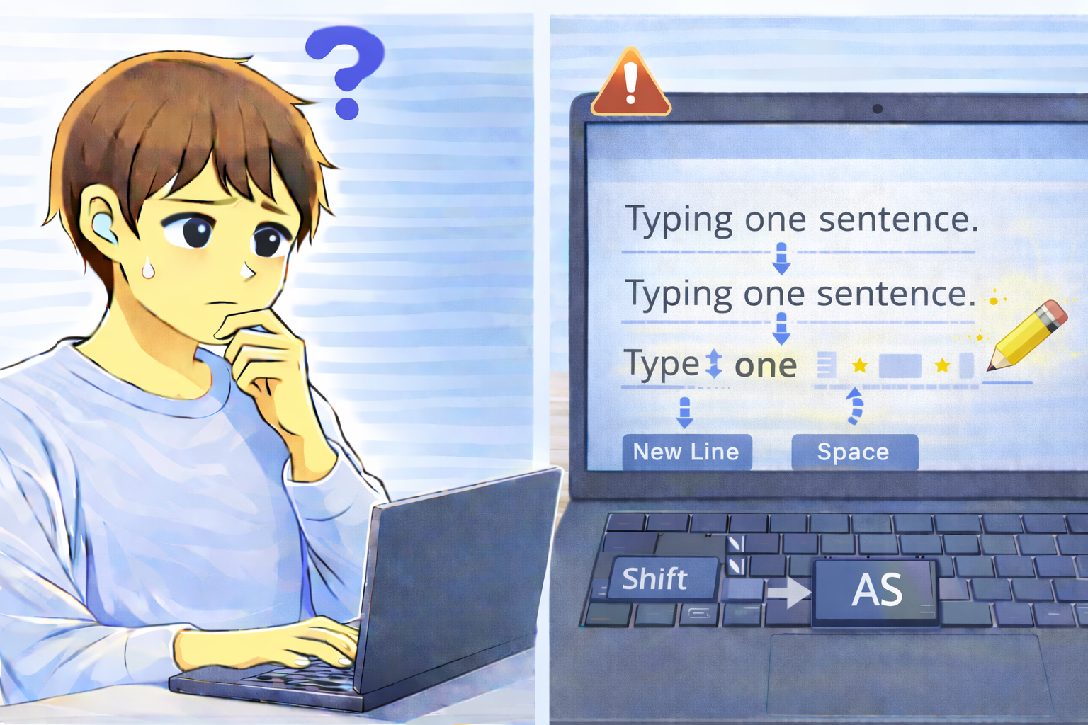 文字入力中に文章の構成が自動で整えられ、意図しない改行や空白が入ってしまい困っている男性と、入力内容が変化しているPC画面
