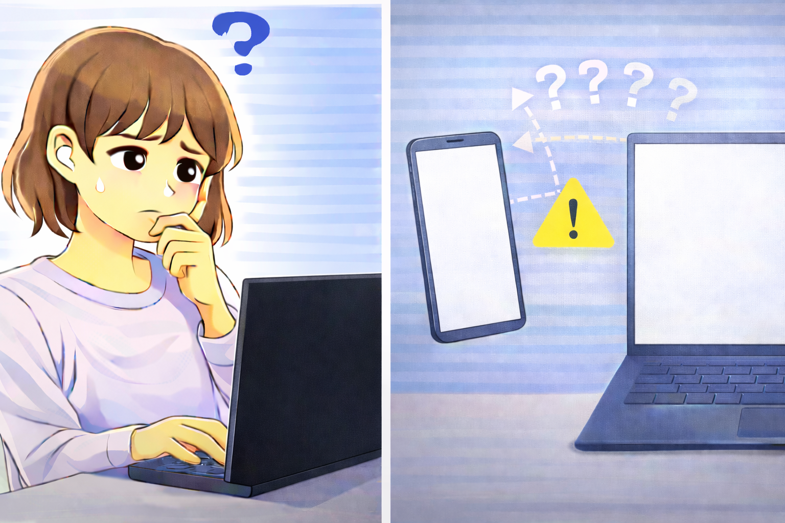 パソコンとスマートフォンの画面がどちらも真っ白になり、表示内容が確認できない端末を前に困っている女性のイラスト