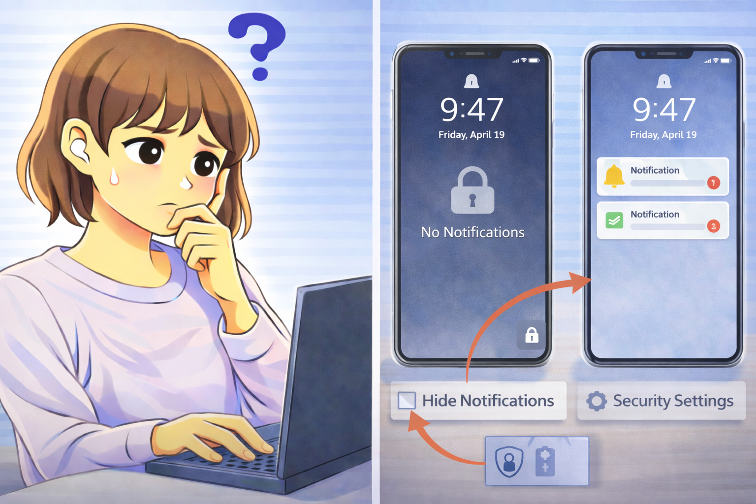 ロック画面で通知が表示されないスマートフォンと通知が表示される画面を見比べて悩んでいる女性のイラスト