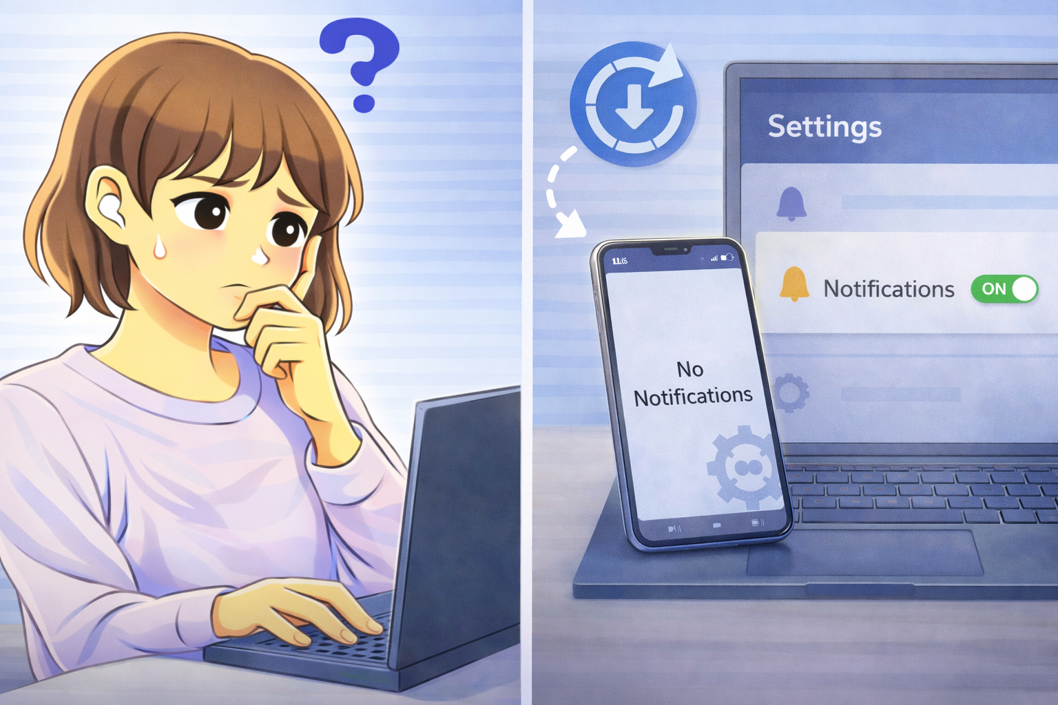 アップデート後に通知が届かない状態で設定はオンのままになっているPCとスマホの画面を見て悩んでいる女性のイラスト