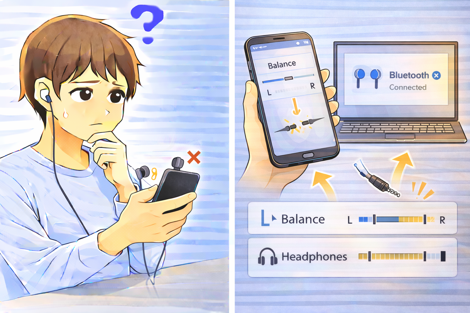 PCやスマートフォンでイヤホンの片側だけ音が聞こえず、左右バランスや接続状態を確認している状態を示したイラスト