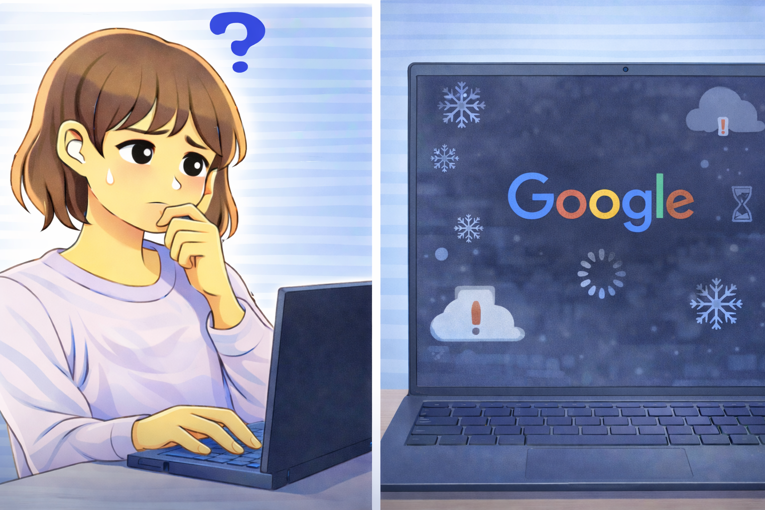 起動時にロゴ画面で停止し、次の画面に進まない状態のノートパソコンに困っている女性のイラスト