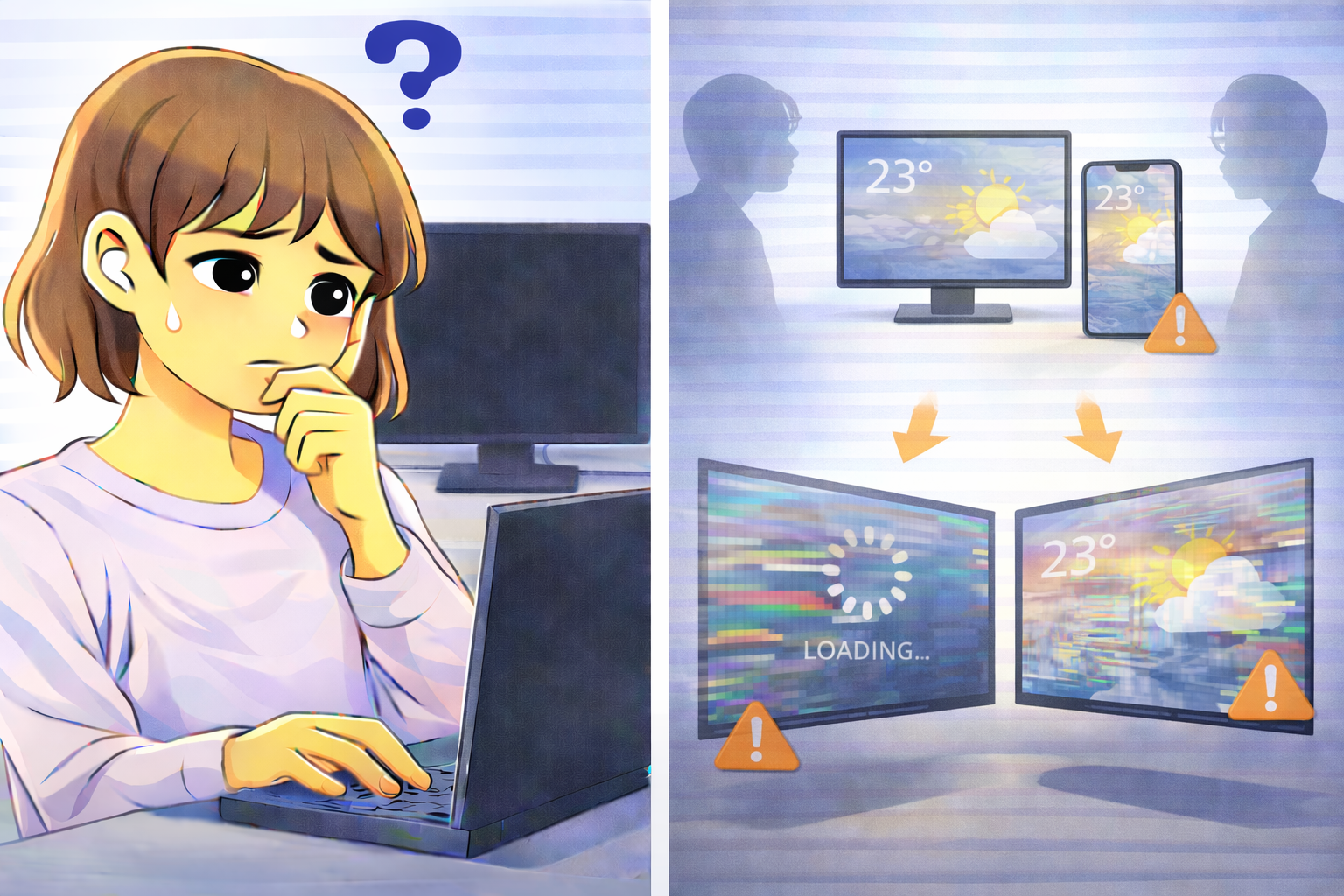 PCやスマホで特定の角度から見ると画面表示が乱れる状態を表したイラスト