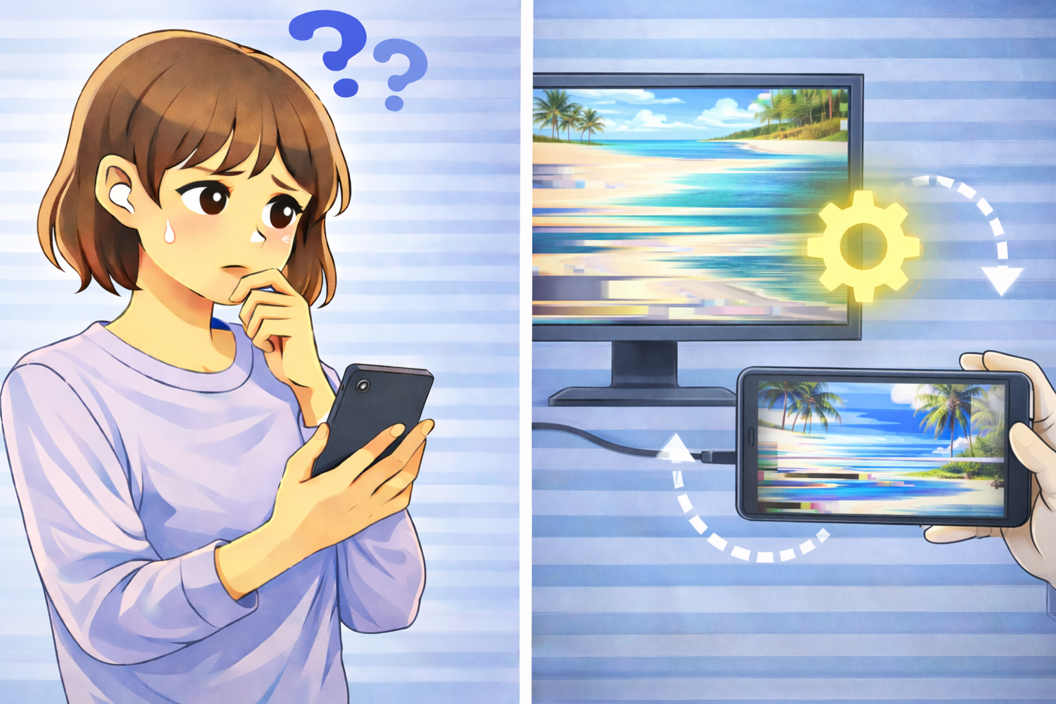 PCやスマートフォンで全画面表示に切り替えた際に、映像が伸びたり欠けたり歪んで表示され、正しく表示されない状況に戸惑っている様子を示すイラスト