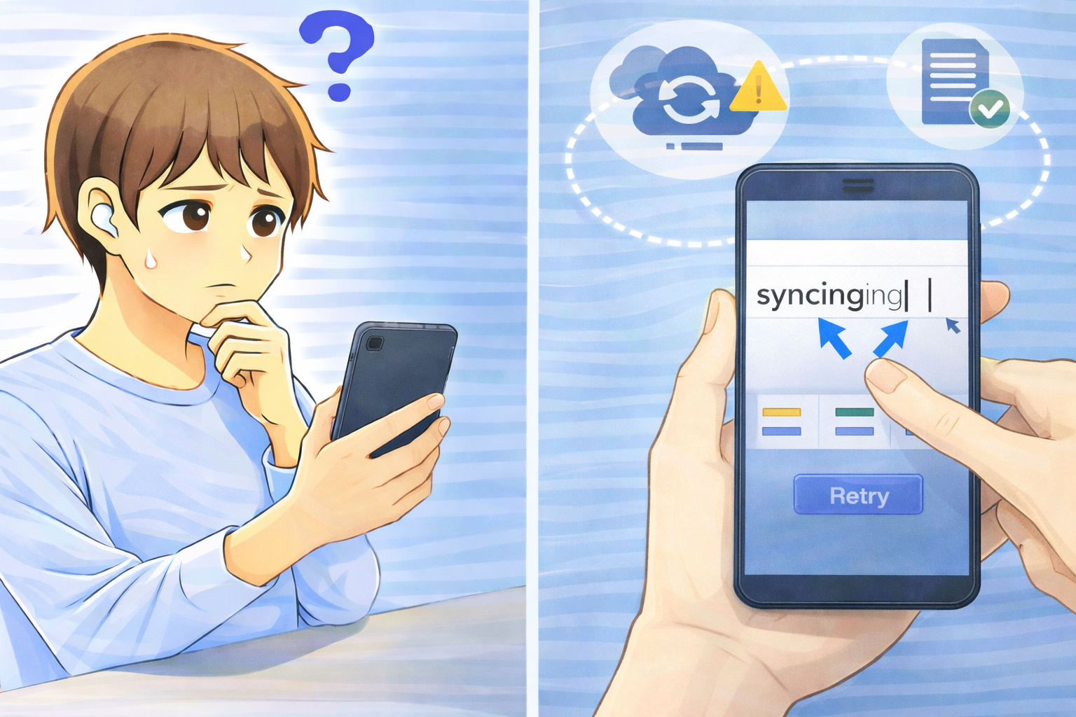 入力中のスマートフォンでカーソル位置が同期や自動整形によって戻る様子を示したイラスト