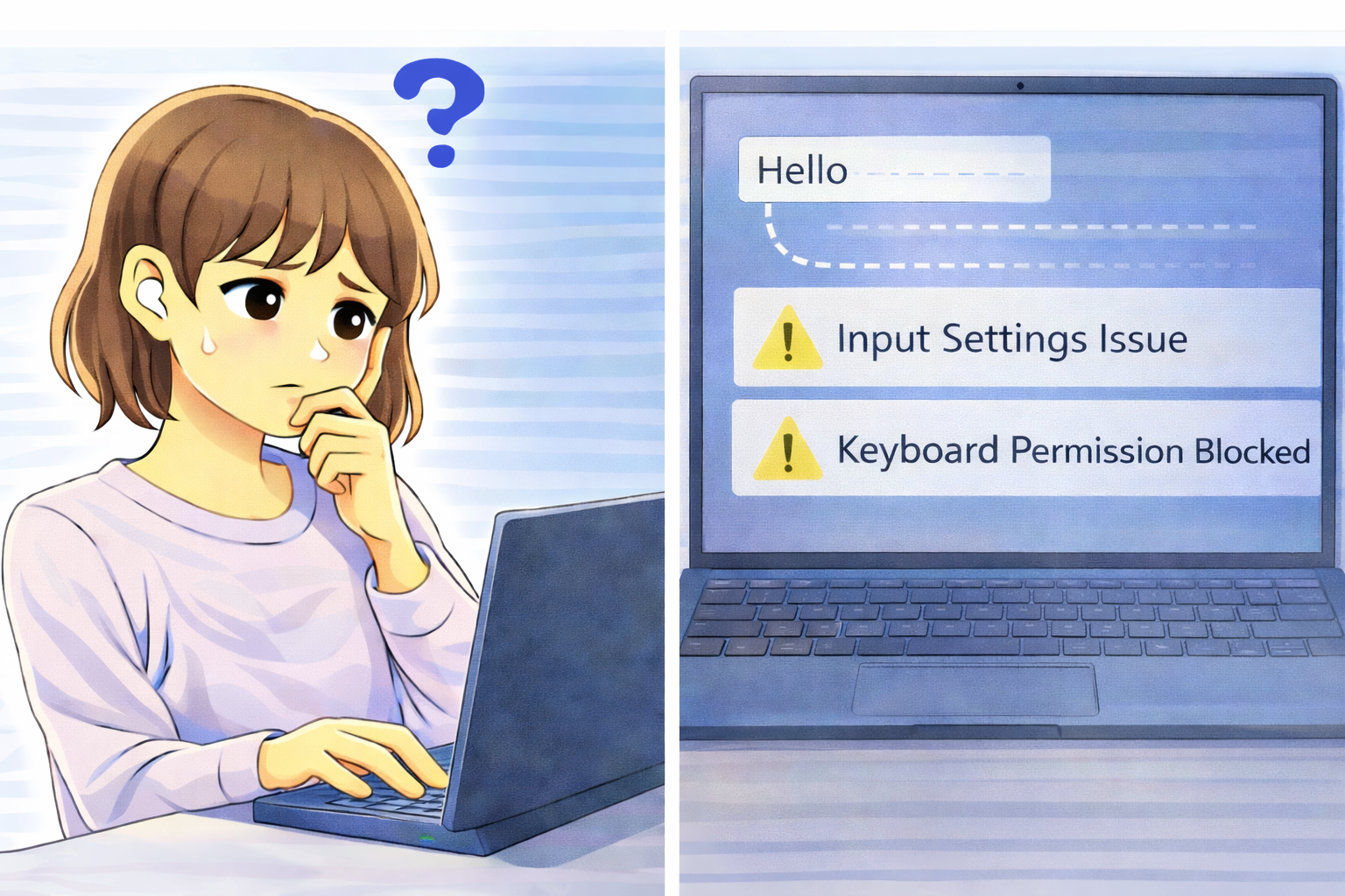 文字を入力しても画面に反映されず、入力設定やキーボード権限の問題が考えられるPCの状態に困っている様子を示すイラスト