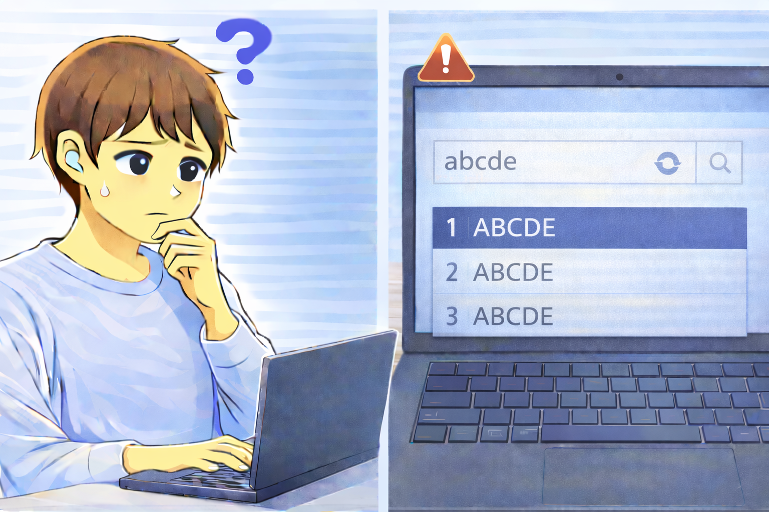 文字入力中に予測変換の候補が更新されず、同じアルファベット候補だけが繰り返し表示されて困っている男性と、変化しない候補一覧が表示されたPC画面