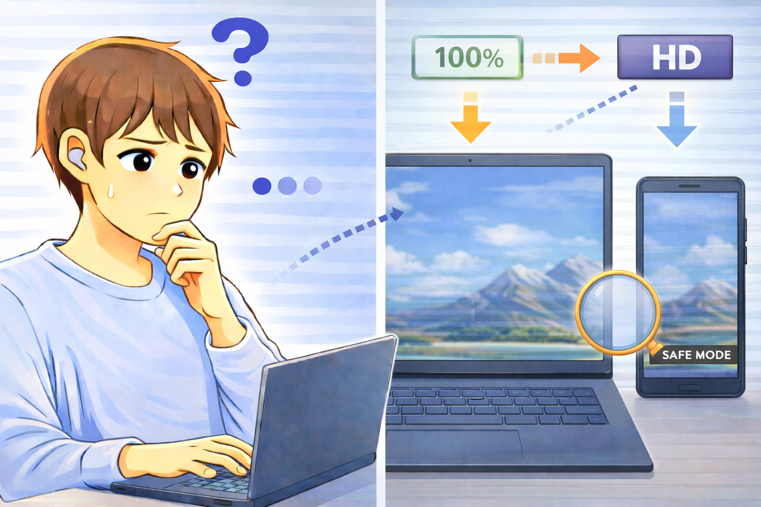 PCやスマホの画面がぼやけたりにじんで表示され、解像度とスケーリング設定の不一致を考えて悩む男性のイラスト