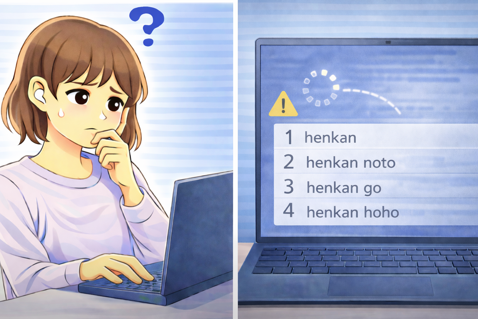 文字入力中に予測変換の候補表示が遅く、変換ウィンドウの反応を待っているパソコン画面を前に困っている女性のイラスト