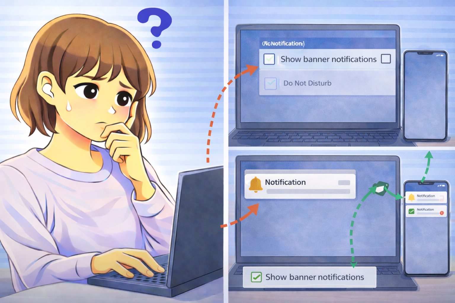 バナー通知が表示されない状態と表示される状態を確認しながらPCとスマホを見て悩んでいる女性のイラスト