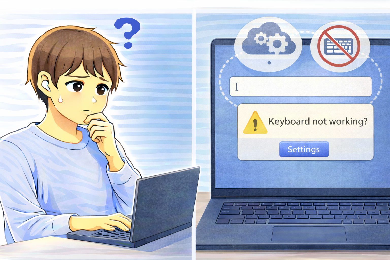 文字入力ができず困っている人物と、入力欄にカーソルが表示されたまま反応しないPC画面のイラスト
