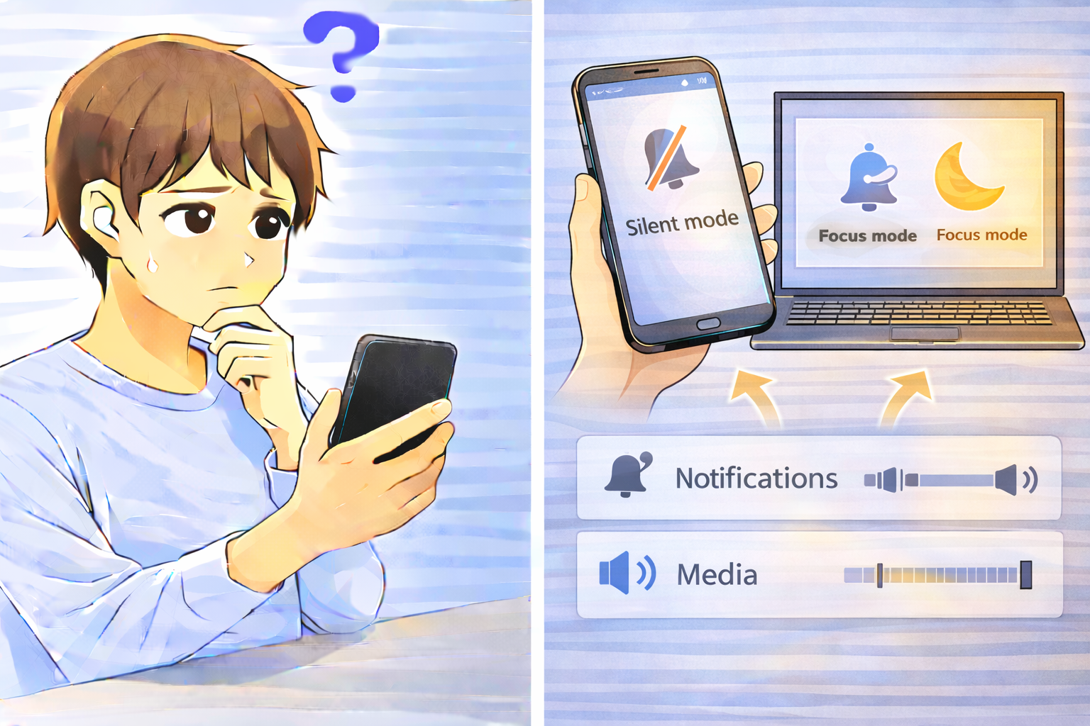 PCやスマートフォンで通知音だけが鳴らず、サイレントモードや通知音量設定を確認している状態を示したイラスト