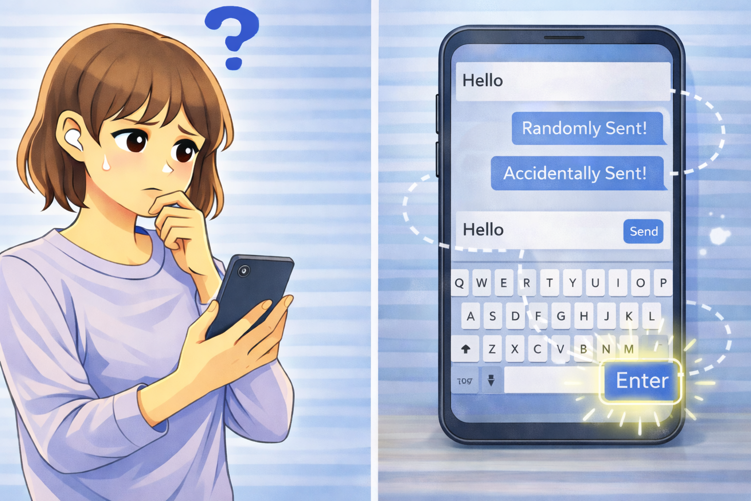 スマートフォン入力中に触っていないのに送信や改行が行われ、意図せずEnter相当の動作が発生して戸惑っている状況を表したイラスト