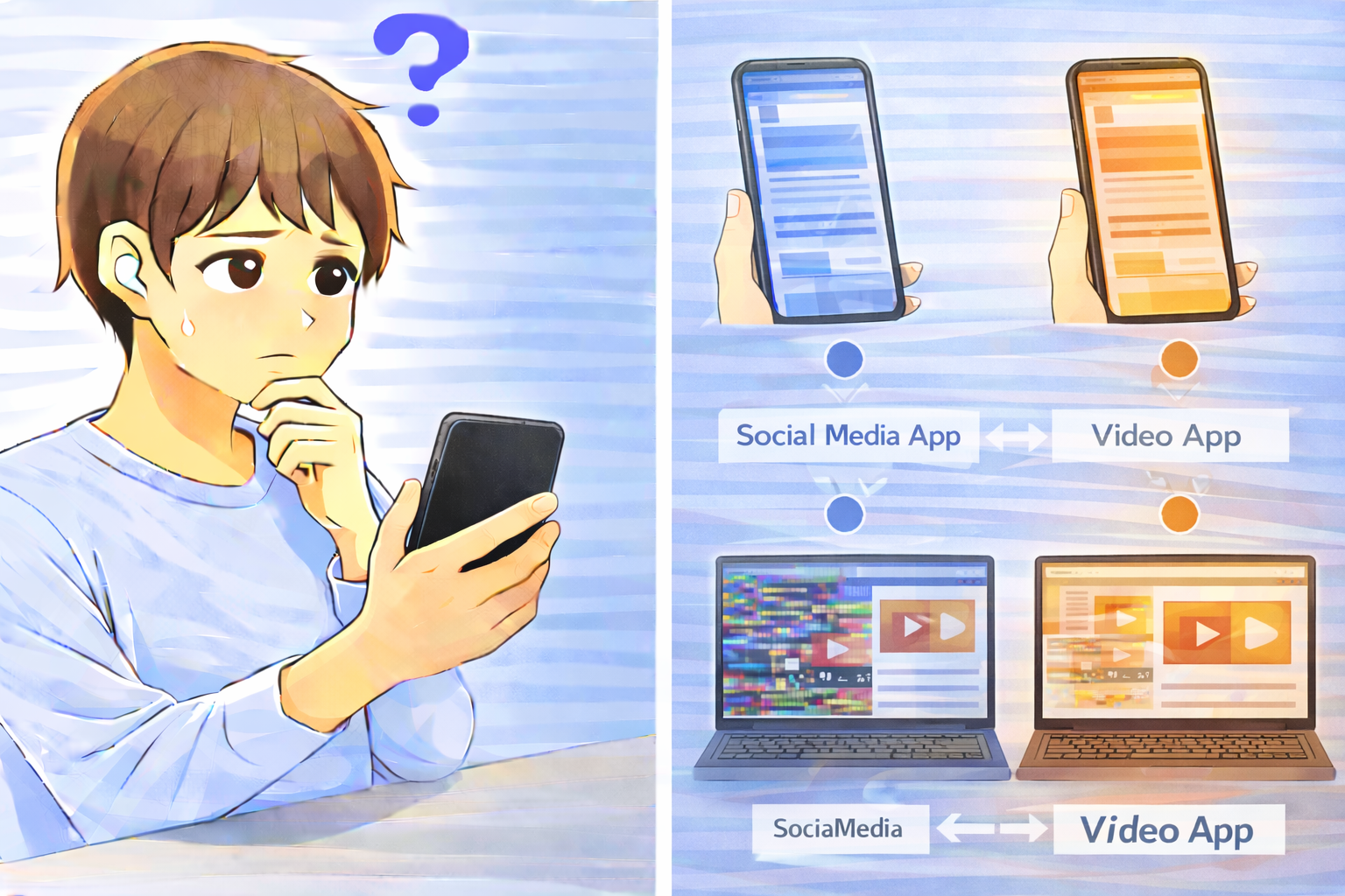 PCやスマートフォンでアプリごとに画面の色味が異なって表示されている状態を示したイラスト