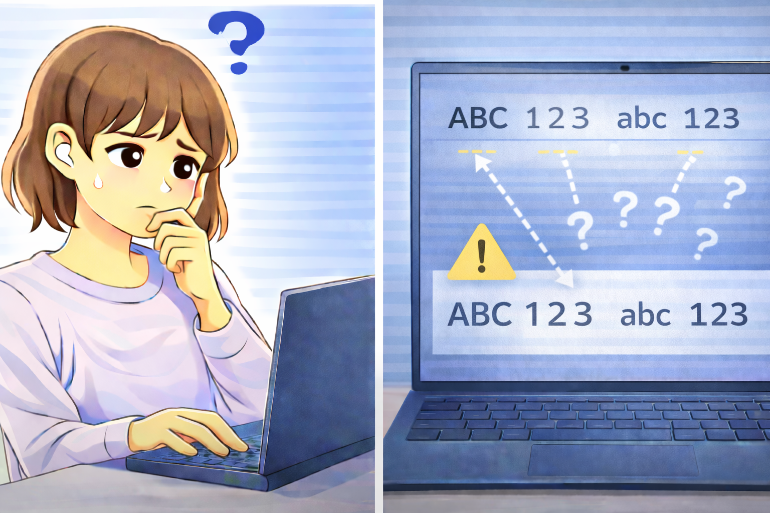 文字入力中にアルファベットや数字の表示幅が混在し、同じ入力欄内で文字の見た目が揃わなくなっているパソコン画面を前に困っている女性のイラスト