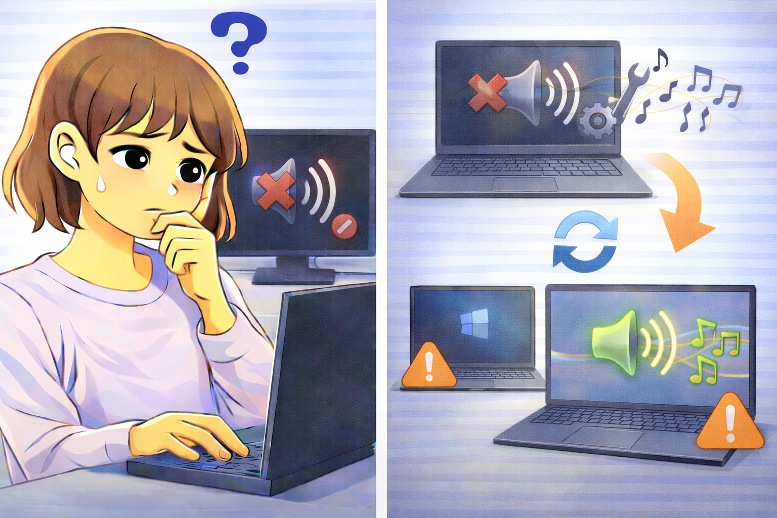 PCで音が出なくなった状態から再起動後に音声が戻る様子を表したイラスト