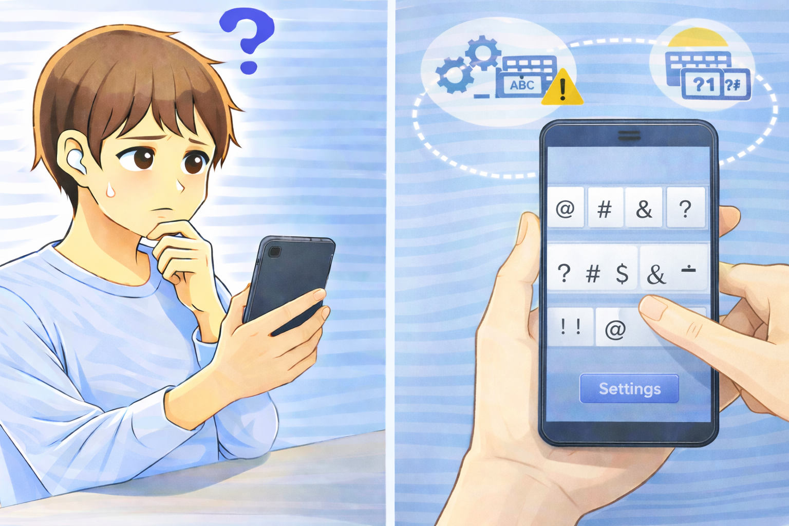 スマートフォン入力中にキーボードが記号配列へ自動的に切り替わる状態を示したイラスト