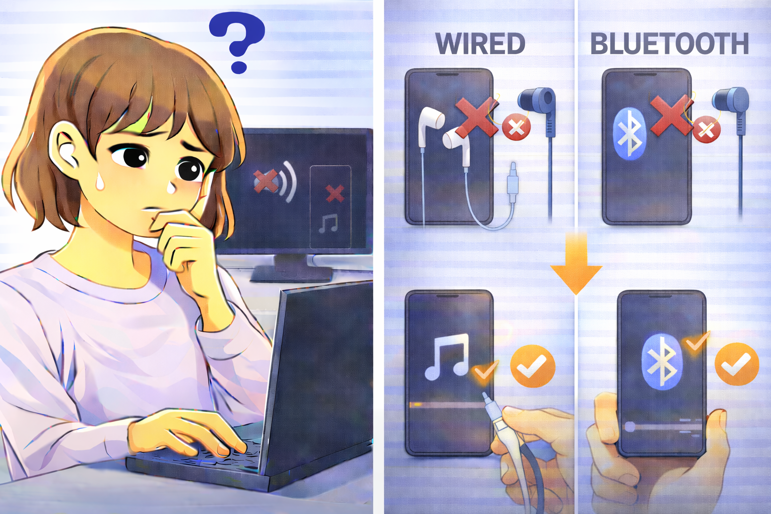 PCやスマホでイヤホンを接続しているのに音が出ない状態を表したイラスト