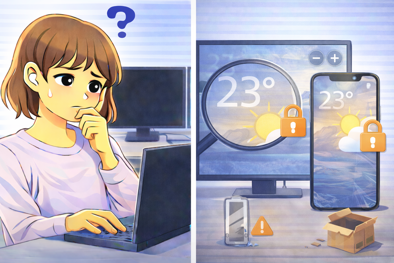 PCやスマホで画面の一部が拡大されたまま戻らず、ズーム表示が解除できない状態を表したイラスト