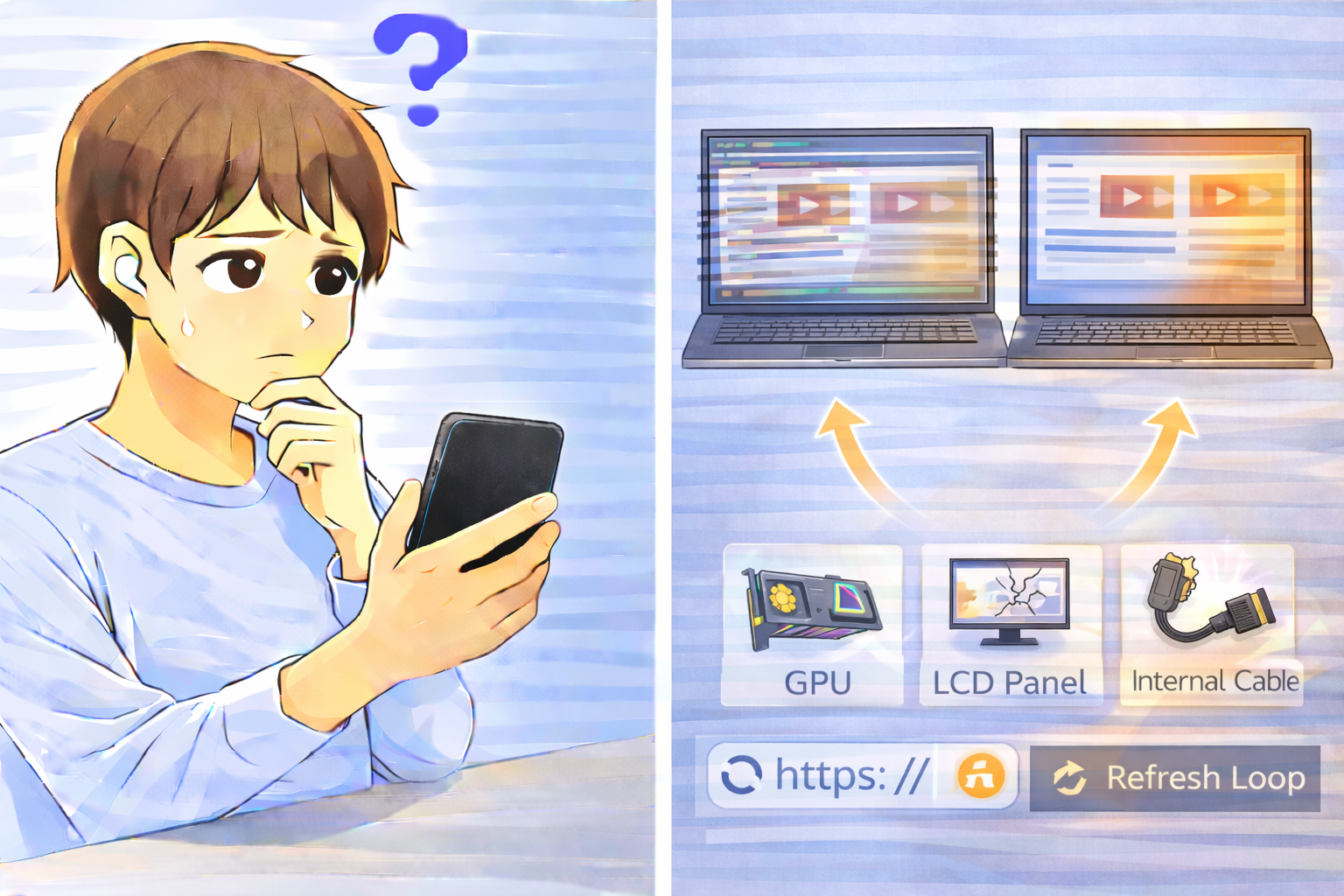 ノートPC本体の画面は乱れているが、接続した外部モニターでは正常に表示されている状態を示したイラスト