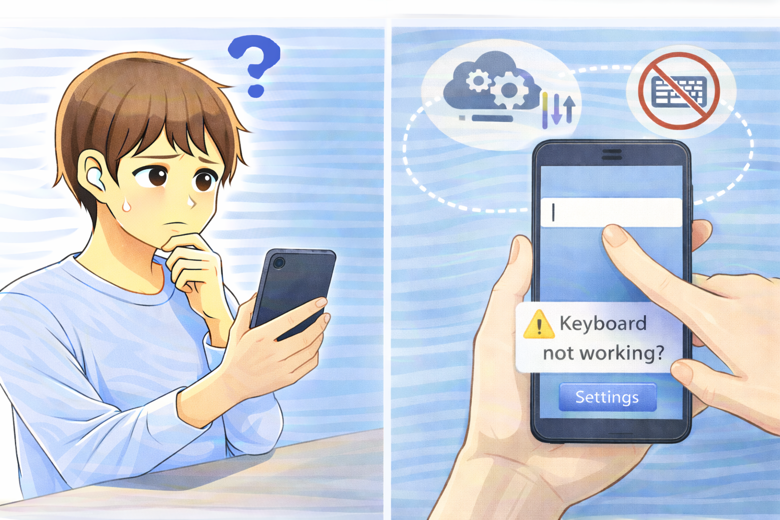 スマホを操作しても文字入力ができず、設定や入力環境の不具合を疑って困っている様子を表したイラスト