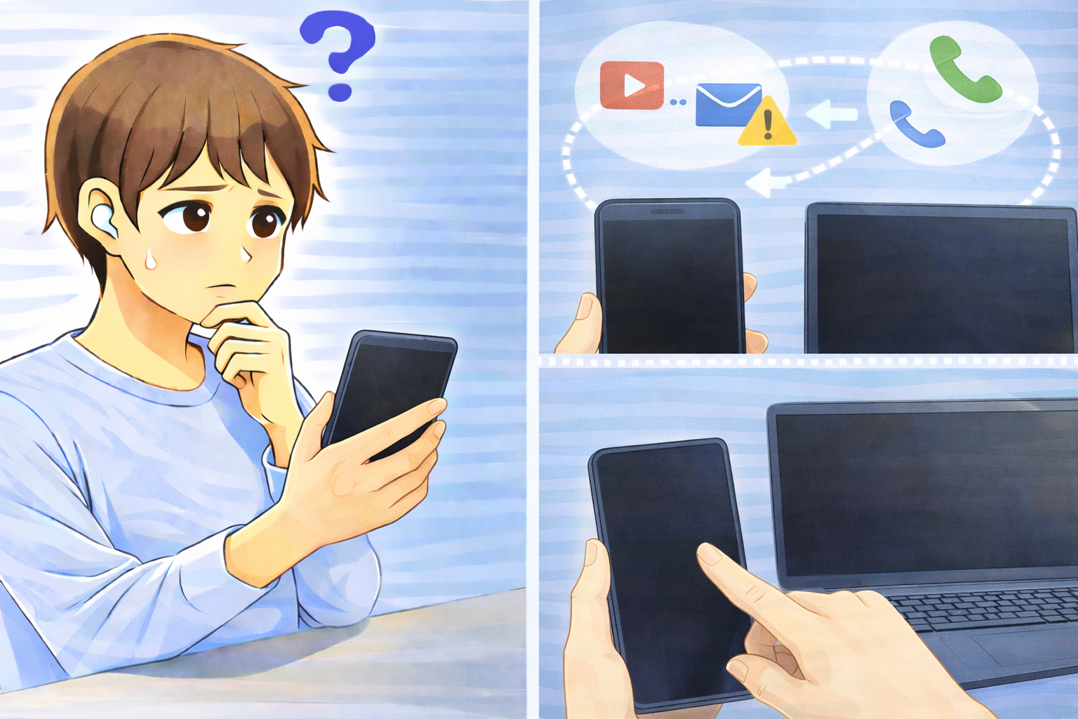 PCやスマートフォンでアプリ切り替え後に画面が真っ黒になり、表示が戻らない状態を示したイラスト