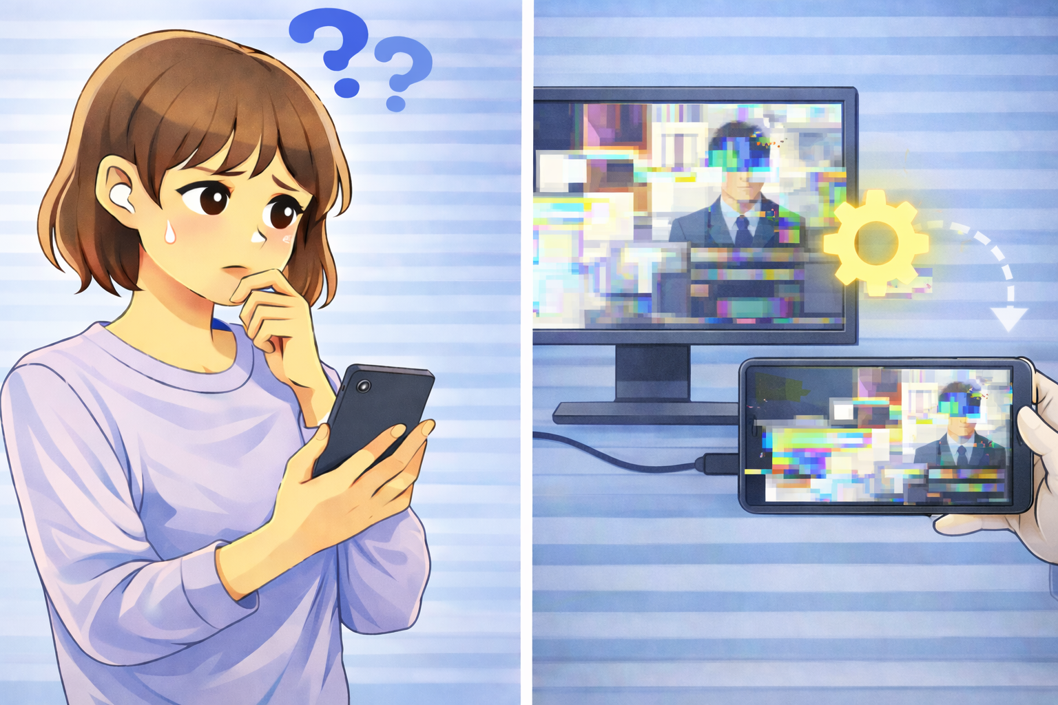 PCとスマートフォンで画面共有やミラーリングを行った際に、表示が崩れたり色がずれて正しく映らない状況に戸惑っている様子を示すイラスト