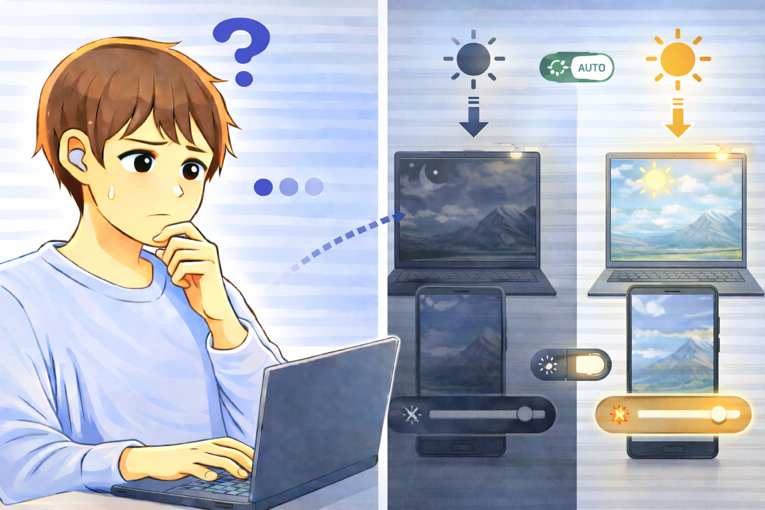 PCやスマホの画面が暗すぎたり明るすぎたり表示され、自動明るさ調整の影響を考えて悩む男性のイラスト