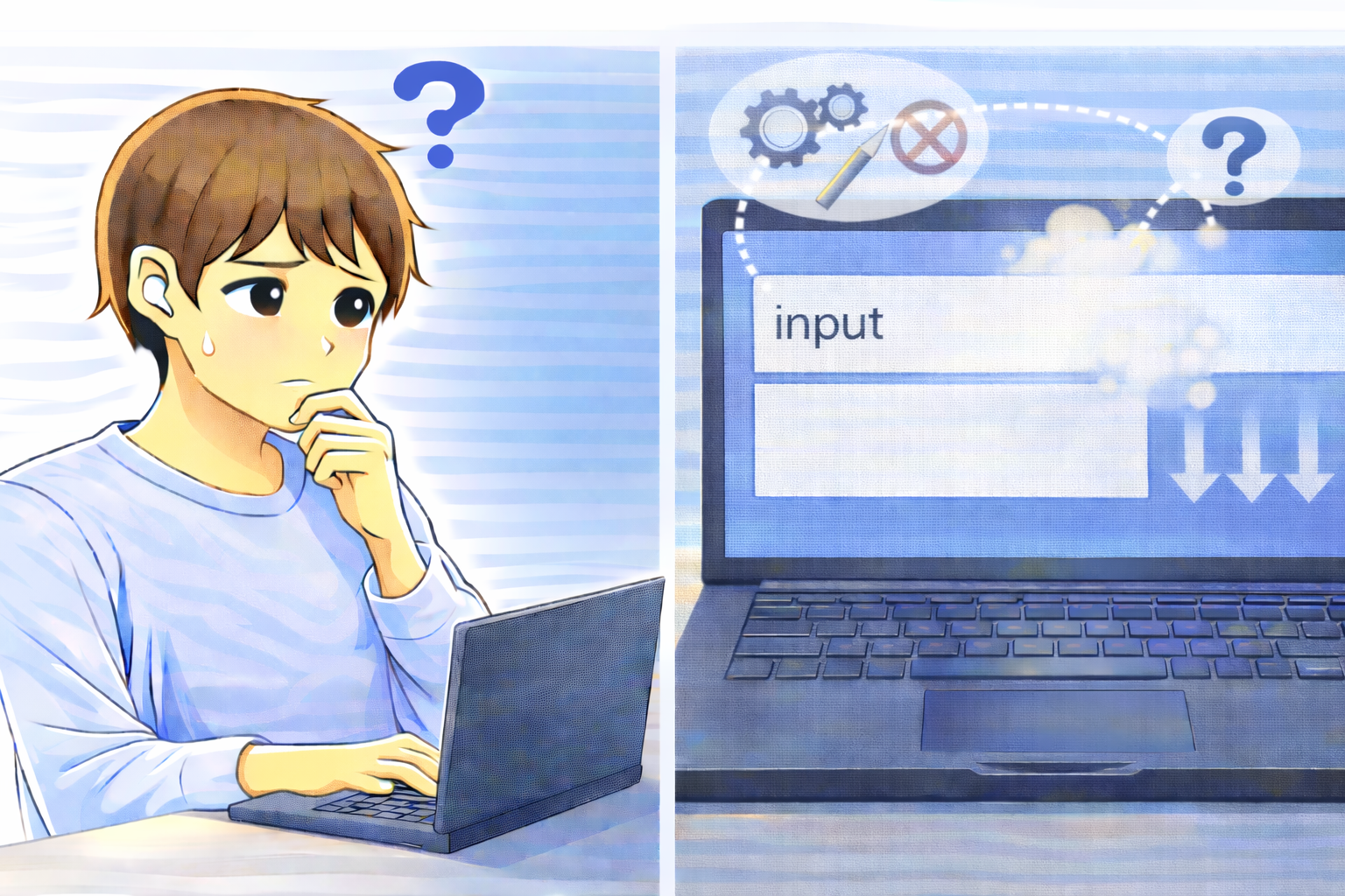 文字を入力しても変換候補が表示されず、入力設定や変換機能の状態を確認している様子を表したイラスト