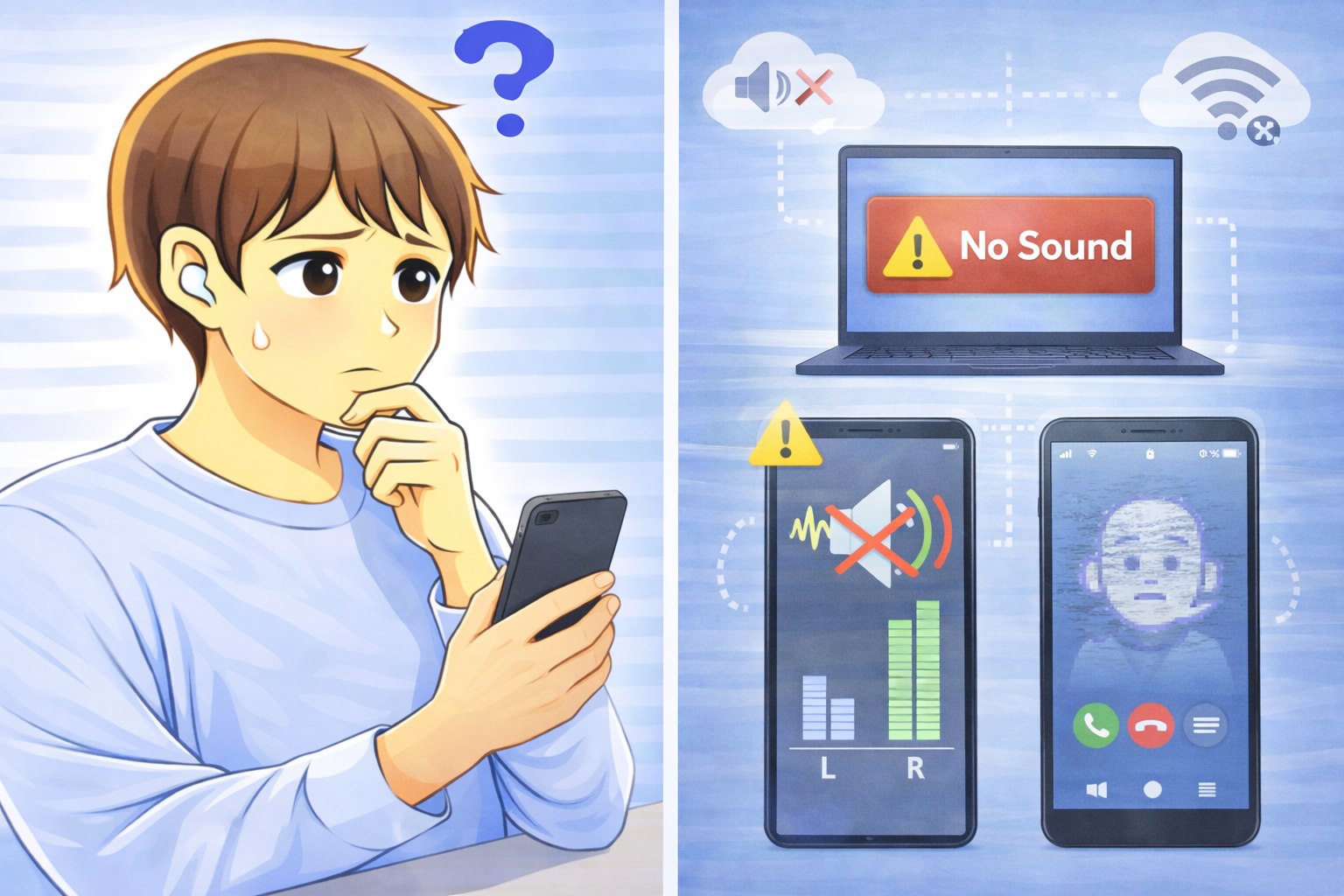 PCやスマホで音が出ない・ノイズ・通話不具合などの音トラブルが発生している状態を示すイラスト
