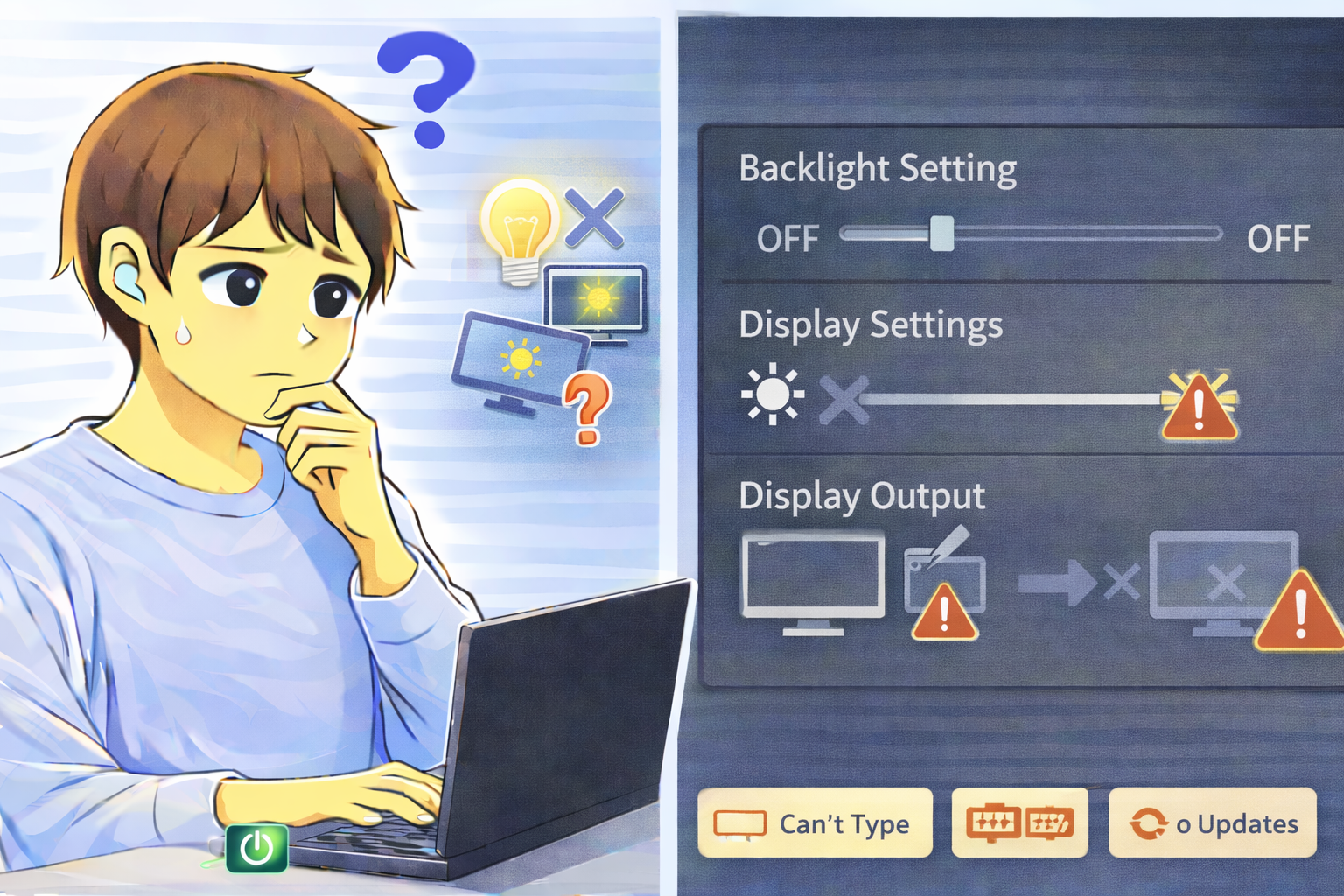電源が入っている状態にもかかわらず画面が表示されず、ノートパソコンの前で原因を考えている男性と、バックライトや表示設定の状態を示したPC画面