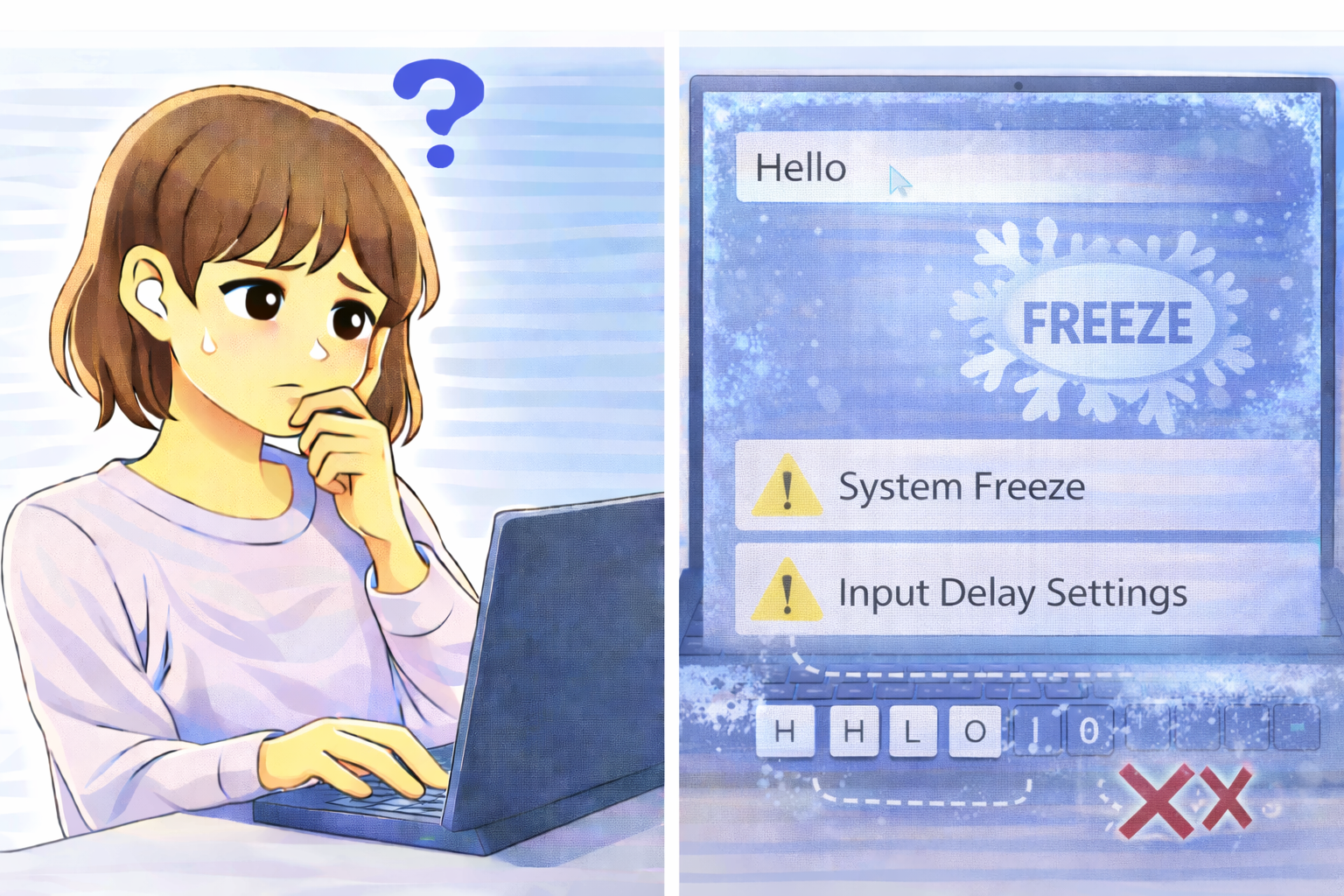 文字入力中に画面が固まり、入力操作が反応しなくなるPCの状態に困っている様子を示すイラスト