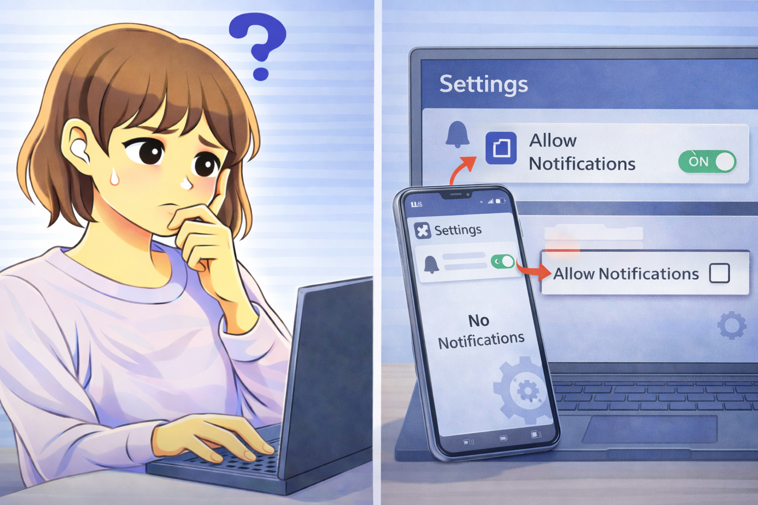 通知設定がオンになっているのに通知が表示されないスマホとPCの画面を確認して悩んでいる女性のイラスト