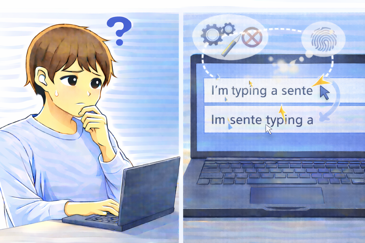 文字入力中にカーソル位置が意図せず移動し、文章の入力順が乱れてしまう状態に困っている様子を表したイラスト