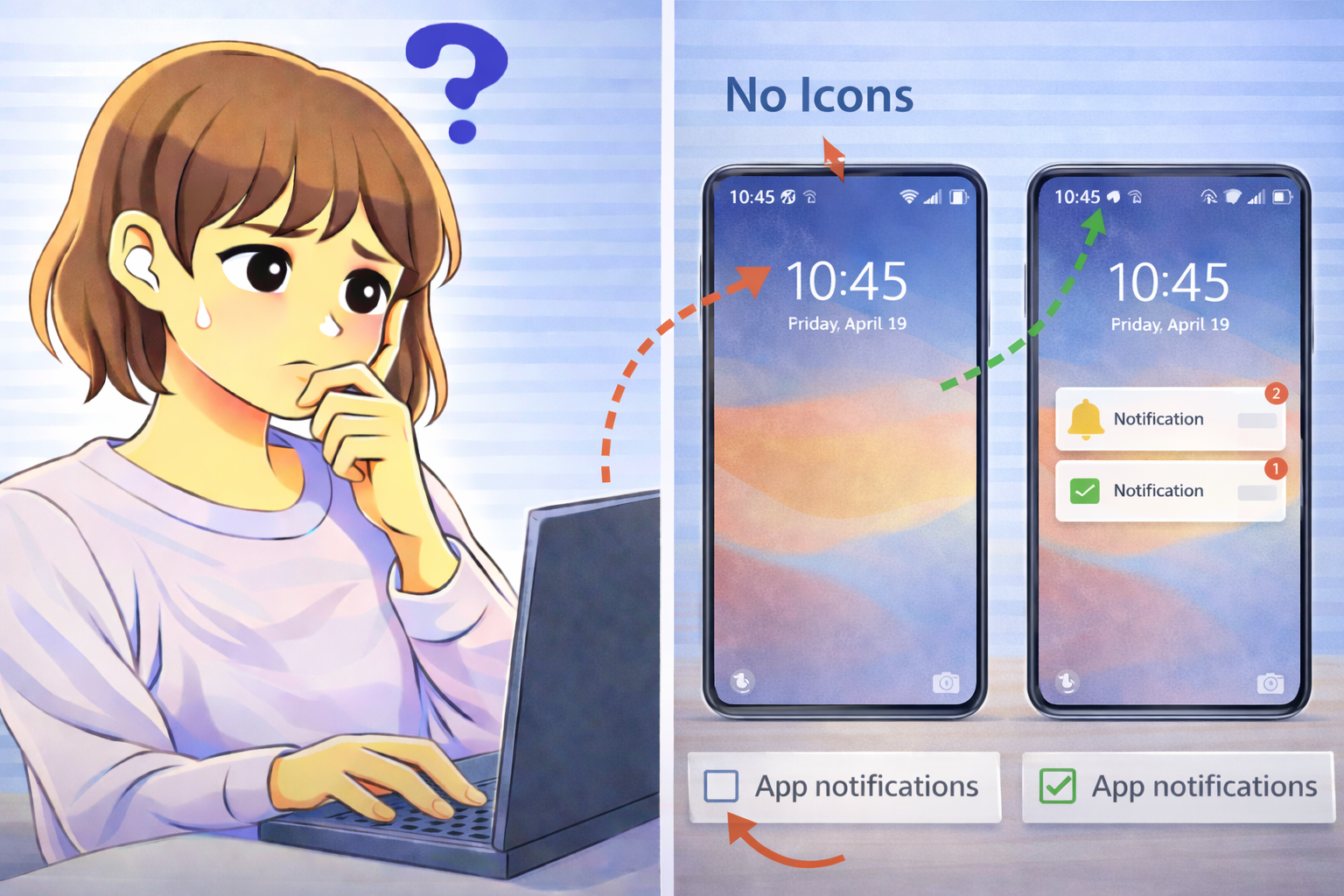 ステータスバーに通知アイコンが表示されない状態と表示される状態を確認して悩んでいる女性のイラスト