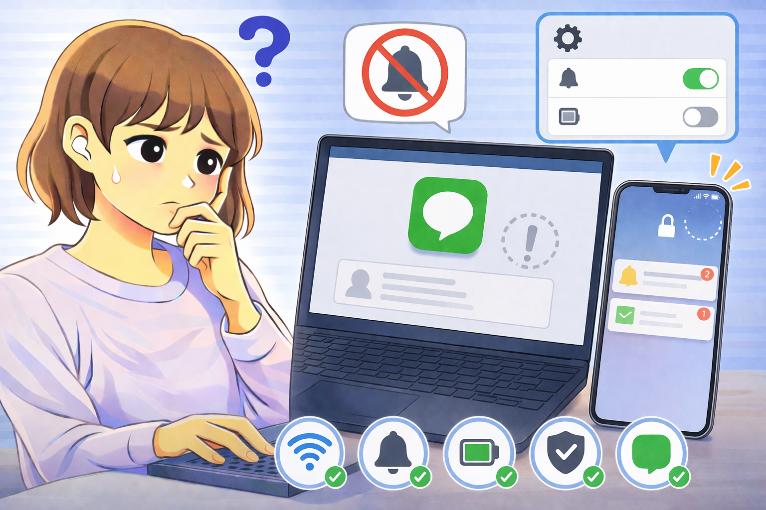 LINEの通知が届かない状態のスマホとPCを確認しながら悩んでいる女性のイラスト