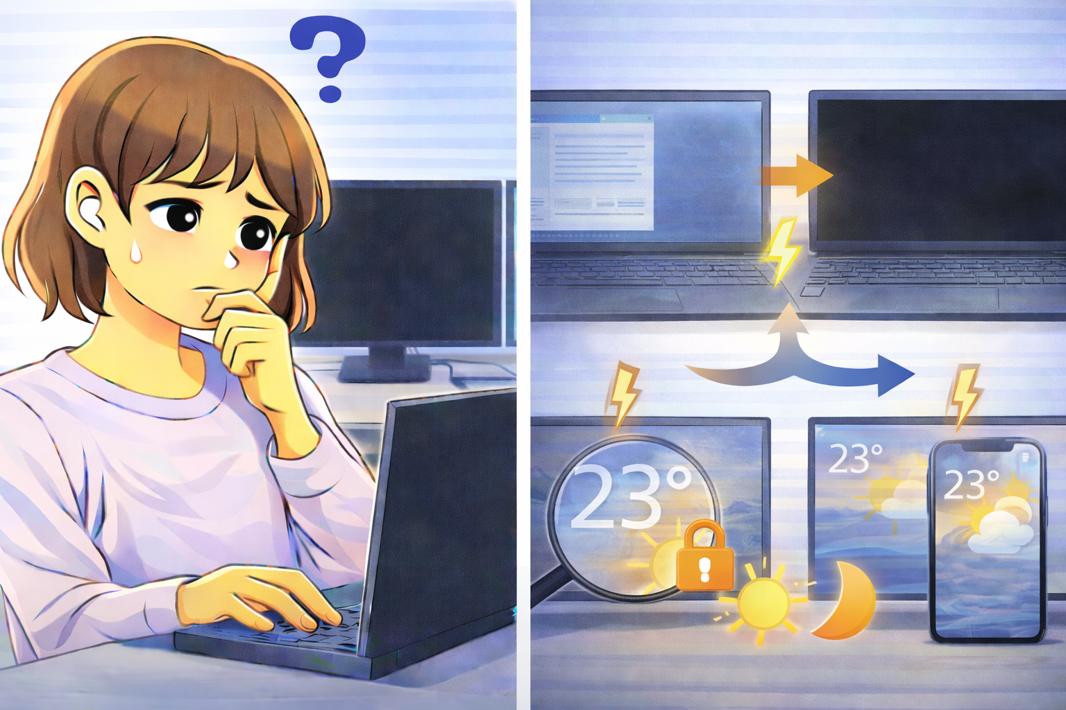 PCの操作中に画面が一瞬暗くなったり黒く切り替わったりする状態を表したイラスト