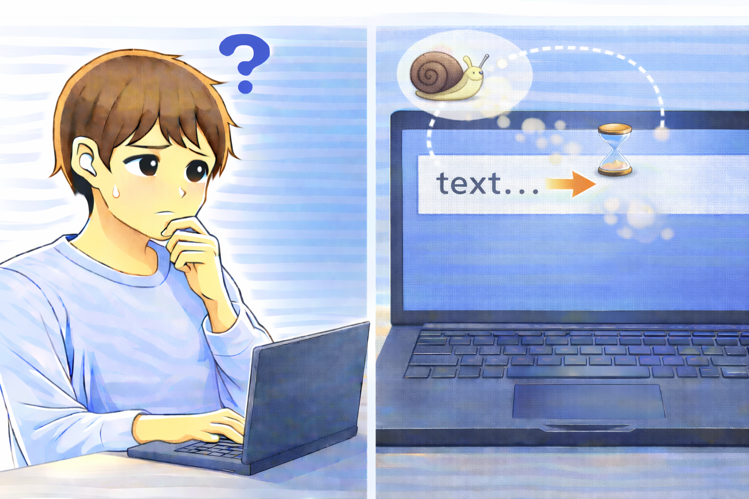 文字入力の反応が遅く、入力内容がすぐに表示されない状態に困っている様子を表したイラスト