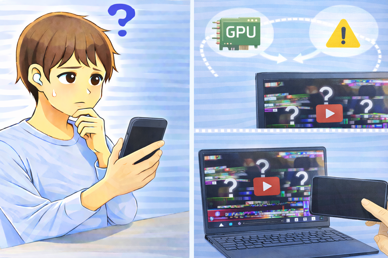 PCやスマートフォンで動画再生中に画面表示が乱れ、正常に再生されない状態を示したイラスト