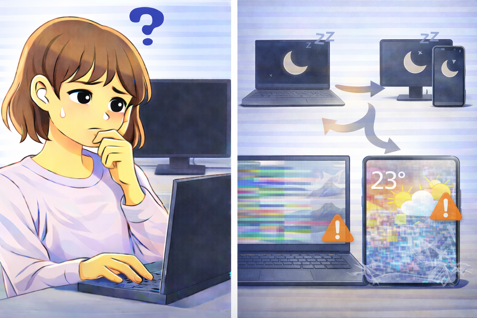 PCやスマホでスリープ復帰後に画面表示が乱れたり色味が不自然になったりする状態を表したイラスト